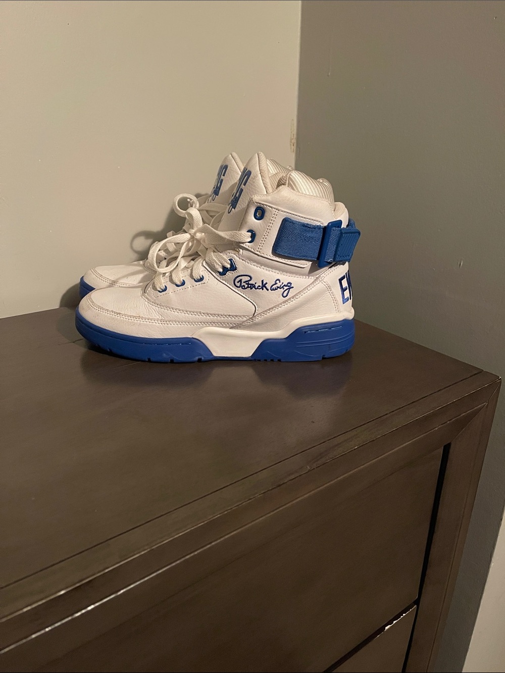 White and Blue High-Top Athletic Patrick Ewing’s
